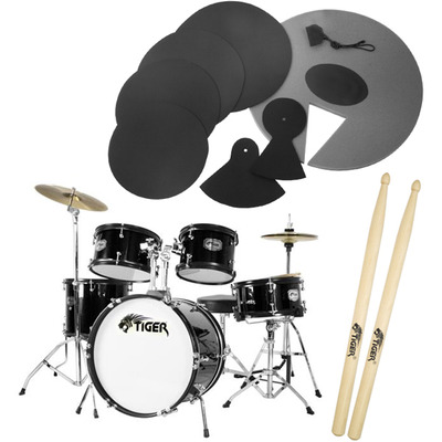 Tiger Junior 5 Piece Black Drum Kit with Silencer Pads