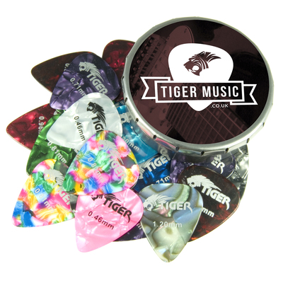 Tiger Celluloid Guitar Picks and Tin 25x Guitar Plectrums Varying